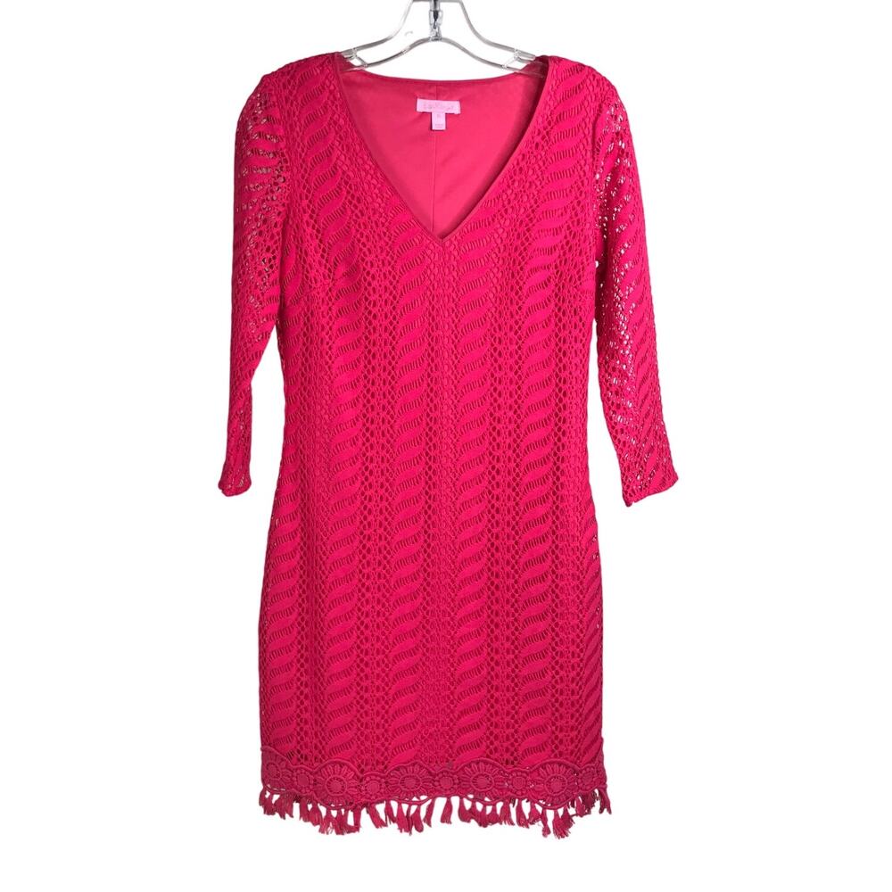 Lilly Pulitzer Dress Womens Size XS Magenta Open Weave Crochet 3/4‎ Sleeve
